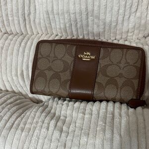 Coach Brown Signature Zip-Around Wallet with Gold Logo